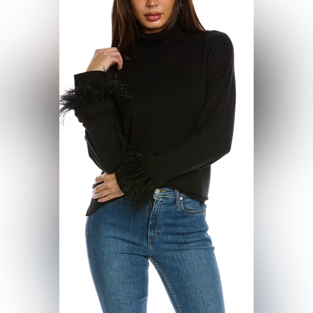 Hannah Rose Elsie Turtleneck Cashmere-blend Sweater  w/feather trim sleeves